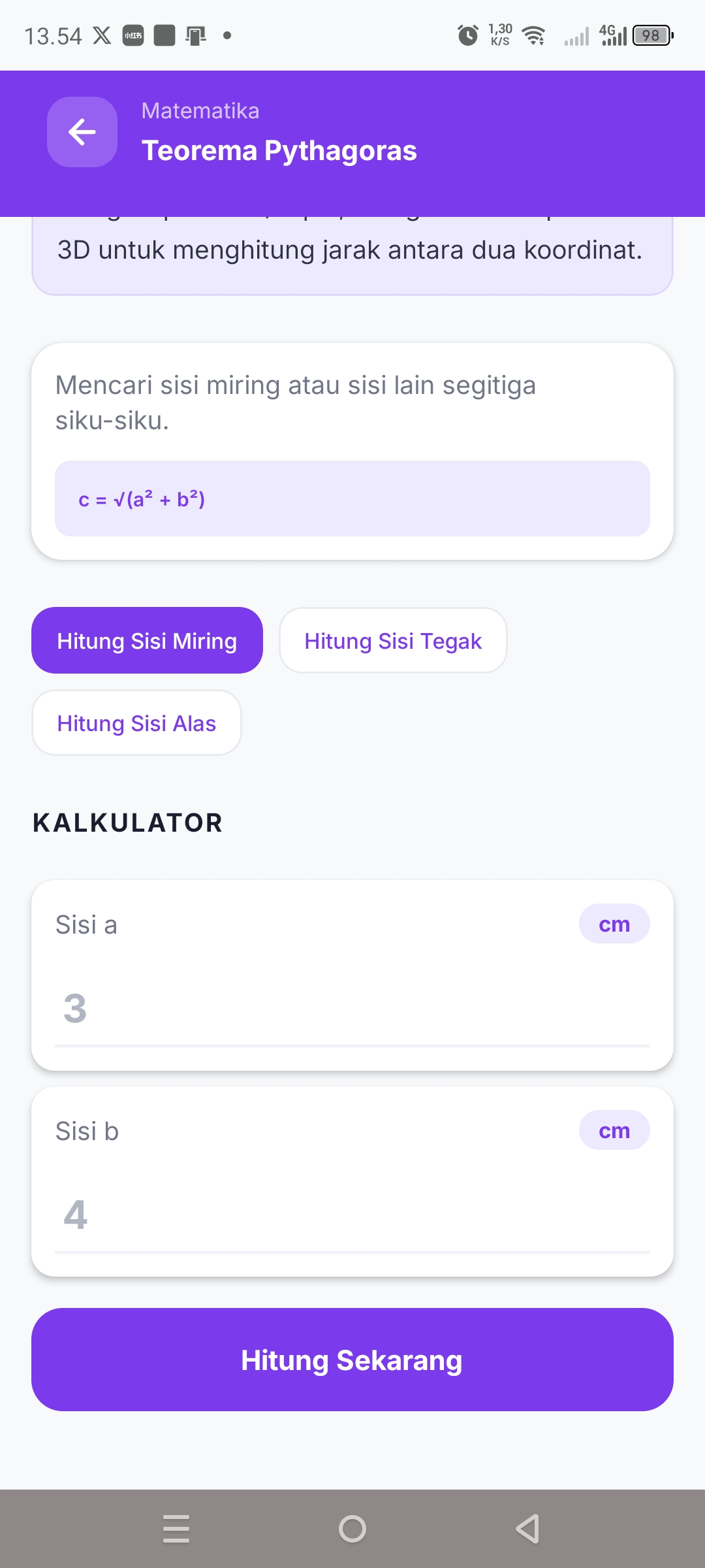 Kalkulator Teorema Pythagoras dengan langkah penyelesaian di aplikasi Niel SciCount
